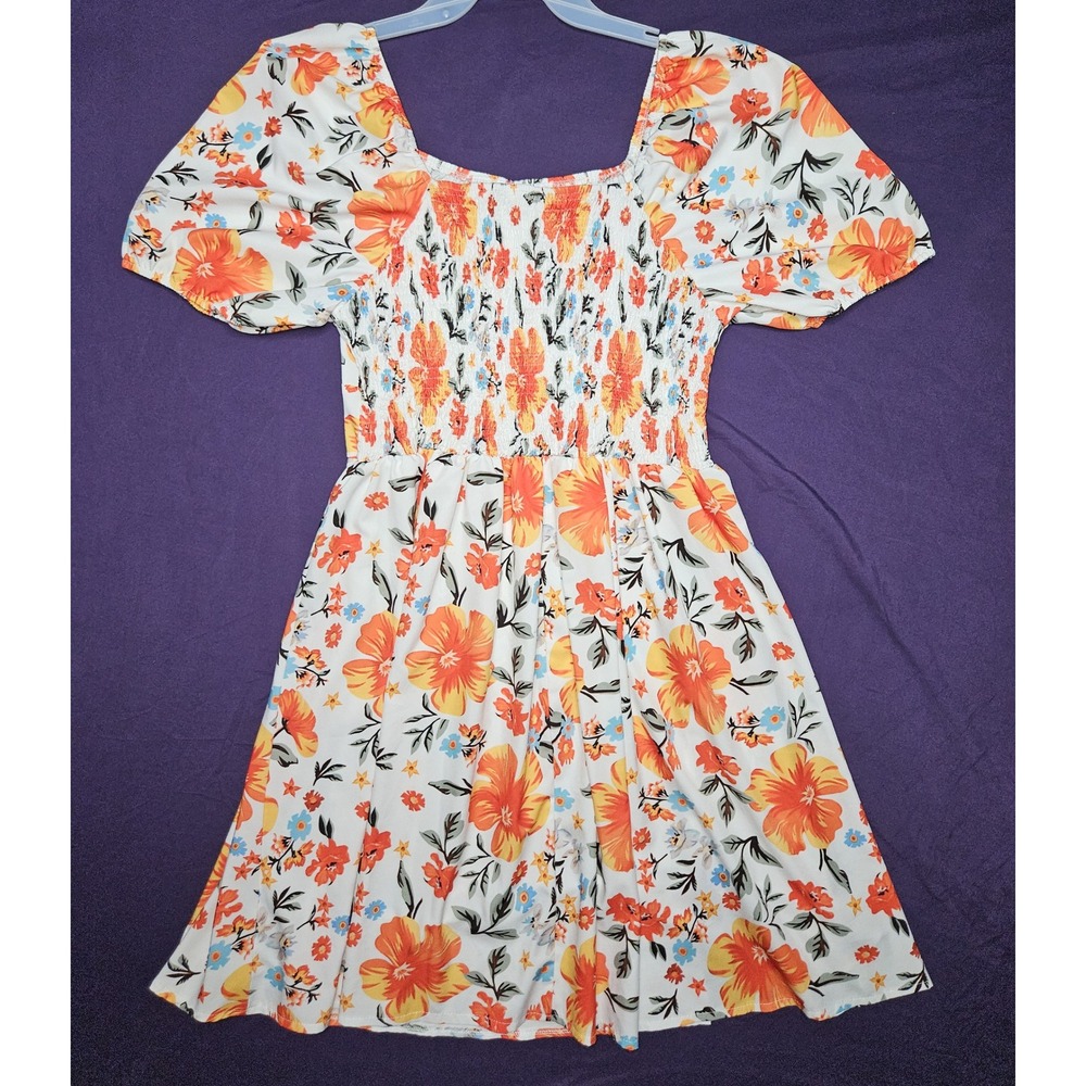 Floral Smocked Puff Sleeve Mini Dress Orange Yellow White Square Neck 2XL